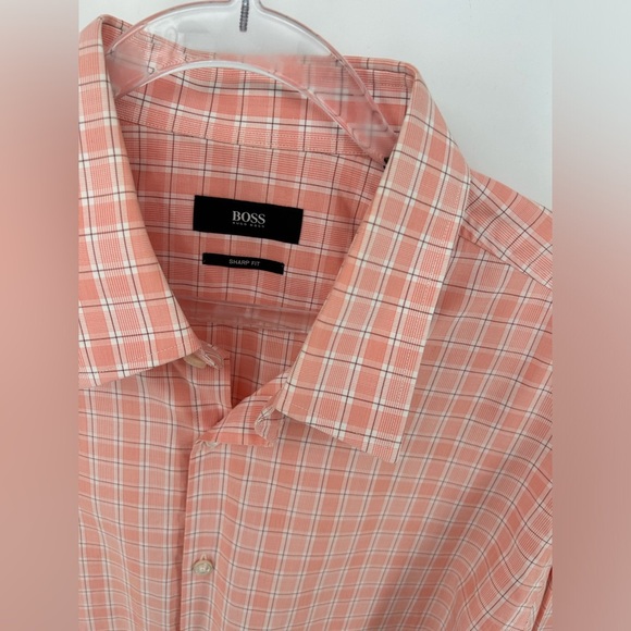 Hugo Boss Mens Paeton Long Sleeve Dress Shirt Orange Check Sharp Fit 17L 34/35 - Picture 2 of 11